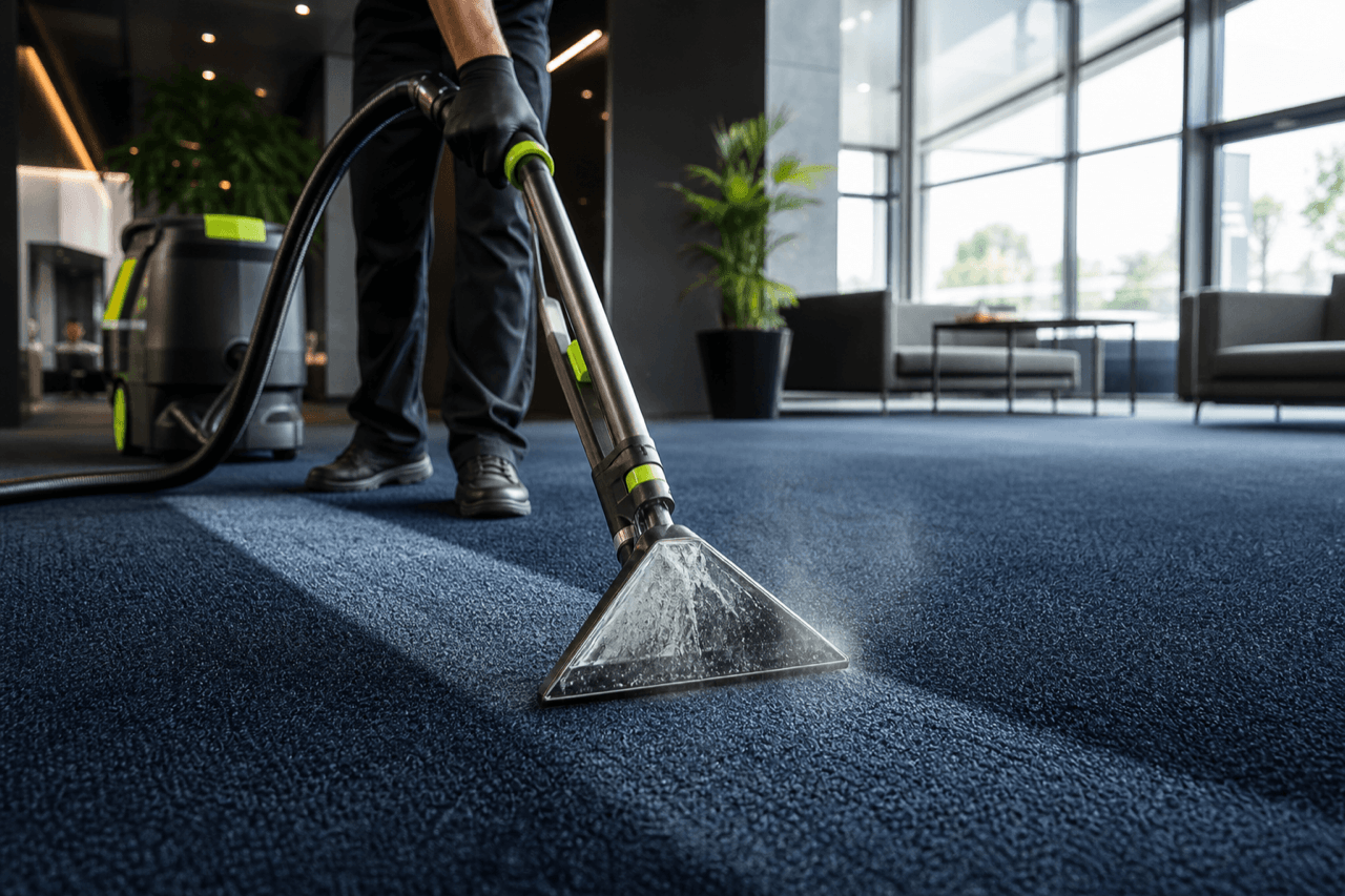 Premium carpet cleaning scene with extraction wand and fresh blue carpet