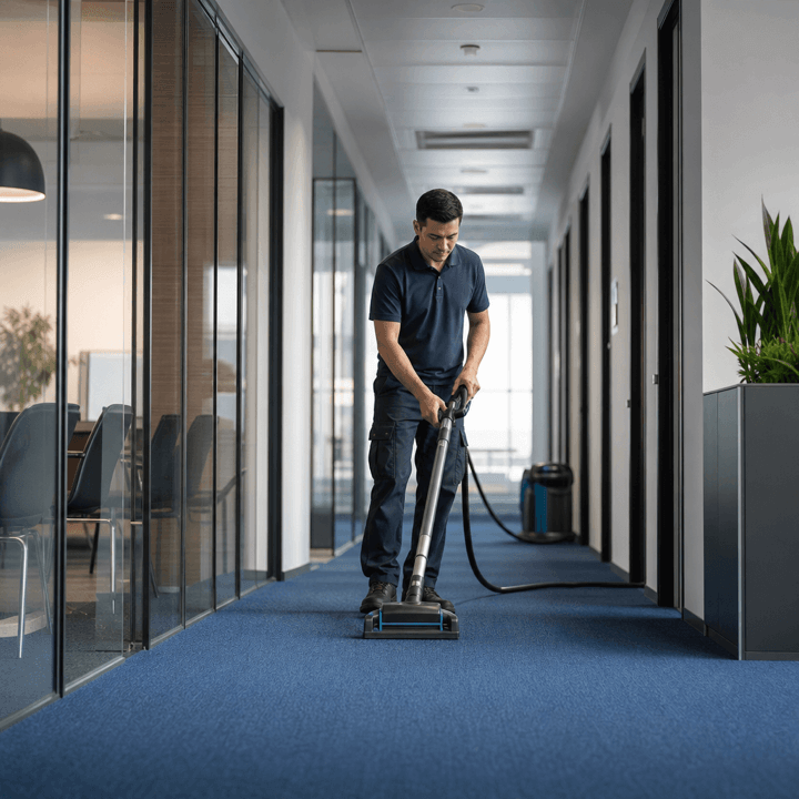 Routine carpet maintenance in a modern office setting